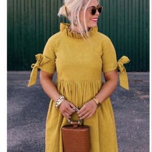 Elizabeth Wilson Judy Lanien Mustard corduroy Dress with Bow Sleeves